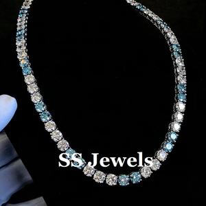 Collier Tennis Moissanite 1ct Rond Brillant Bleu Blanc VVS Argent 925 Plaqué Or Unisexe Cadeau de Luxe - Product Image 1