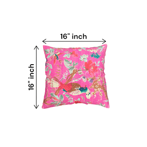 Juego de 2 Fundas de Cojín Cuadradas Estilo Boho de 16x16 Pulgadas, con Diseño Floral y de Aves en Color Rosa, Impresas Digitalmente y Cosidas con Kantha, para Sofá o Cama - Product Image 3