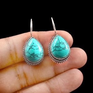 Premium Quality Blue Turquoise Gemstone Oval Cabochon Vintage Baho Solid 925 Sterling <b>Silver</b> Plated Dangle <b>Drop</b> Womens <b>Earring</b> - Product Image 4