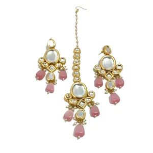 ชุดเครื่องประดับเจ้าสาวสีชมพูอ่อนแบบ Kundan Meenakari ชุบทองหรูหรา สร้อยคอรูปทรงใหญ่และเล็กสำหรับงานแต่งงาน - Product Image 5