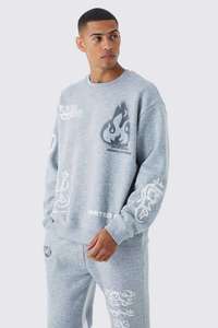 Conjunto Deportivo de Pantalones Deportivos Anchos y Holgados de Algodón 100% Gris Jaspeado y Sudadera Holgada con Cuello Redondo y Estampado de Grafiti - Product Image 2