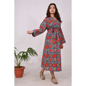 Cotton Summer <b>Kimono</b> Robe Block Print Natural Waist Eco-Friendly Lightweight Beachwear Spring Loungewear <b>Cover</b> <b>up</b> - Product Image 2