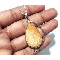 Collier pendentif en argent sterling 925 avec pierre de corail en forme de poire, fait à la main, unisexe, pour amoureux, corail, 18 pouces, cadeau pour elle
