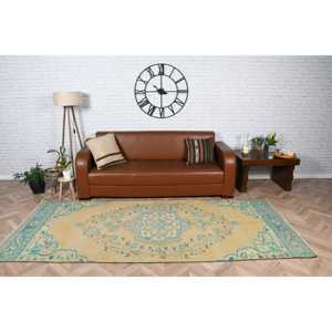 Alfombra Turca de 4x9.4 pies, Alfombra Vintage, Alfombra Ikat Azul y Amarilla - Product Image 1