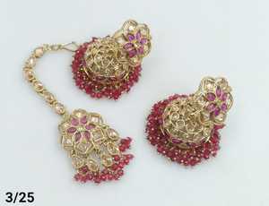 LATEST FLOWER INDIAN GOLD PLATED TRADITIONAL and <b>FASHIONABLE</b> MOTIPEARL JUMKHA <b>EARRINGS</b> and MANGTIKKA SET for WOMEN & GIRLS - Product Image 2