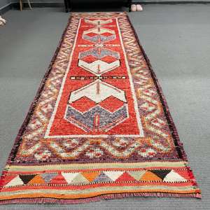 Vintage Turkish Herki <b>Runner</b> Rug 3x11.3 ft, <b>Red</b> Southwestern Rug Wool - Product Image 2