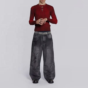 Pantalon en jean ample en coton avec poches, coupe droite, cargo, style urbain, uni, fermeture éclair, cordon de serrage, décontracté - Product Image 3