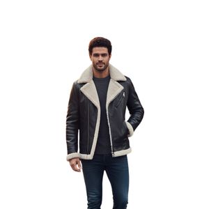 Chaqueta de Cuero Premium para Hombre, Forrada con Borrego, Gruesa y Cálida, con Cuello de Piel, Estilo Motero, Chaqueta de Cuero de Moda para Invierno - Product Image 3