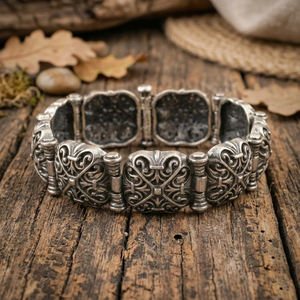 Pulsera de Plata de Ley 925 con Patrón Calado y Diseño Cuadrado Abombado, Brazalete Fino con Piedra Tasz, 45.56g, 19.5cm - Product Image 6