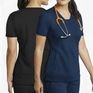 Uniforme Médico Profesional para Mujer, Cuello en V, Manga Corta, Azul Marino y Negro, Corte Atlético, Uniforme de Hospital - Product Image 1