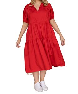 Robe d'été vintage décontractée rouge vif, longueur mi-mollet, 100 % coton, coupe trapèze, collection 2026, fabricant de vêtements américains et européens - Product Image 1