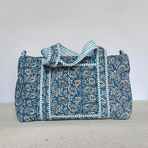 Elegant <b>Floral</b> Quilted Duffle <b>Bag</b>, Block Print Cotton Everyday <b>Tote</b> - Product Image 1