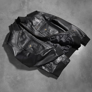 Blouson aviateur en cuir noir pour homme, col montant, poches poitrine, ourlet côtelé, fermeture éclair, cuir véritable, vêtement d'extérieur élégant - Product Image 6