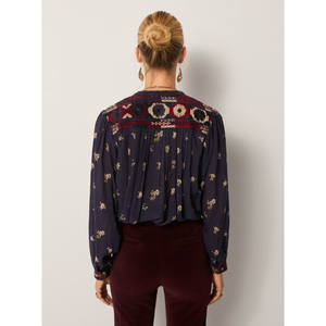 MILLA Women's <b>BLOUSE</b>-Navy Chic Korean Style Embroidered Plaid Pattern Sequined Lace S/M/L Conventional Sleeve <b>Satin</b> Chiffon Silk - Product Image 2