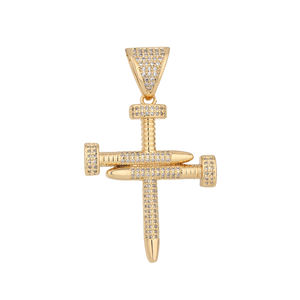 Pendentif Croix Clou en Laiton Plaqué Or 14K, Sertie de Zircone Cubique, Bijoux Hip Hop Religieux pour Collier - Product Image 1