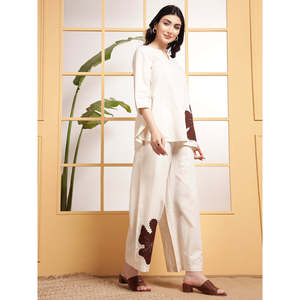 Deebaco Women's Cotton <b>2</b> <b>Piece</b> Co-Ord <b>Set</b> With Hand Embroidery Floral V-Neck Top And Ankle Length Pants Casual Summer Outfit - Product Image 6