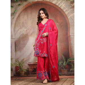 ชุดเดรสปักลายสีชมพูสไตล์ปากีสถานสำหรับผู้หญิง ผ้าเนื้อนุ่ม ชุดคุรตะ ชาราร่า พร้อมผ้าคลุมไหล่ สำหรับงานเทศกาลและชุดประจำชาติ - Product Image 2