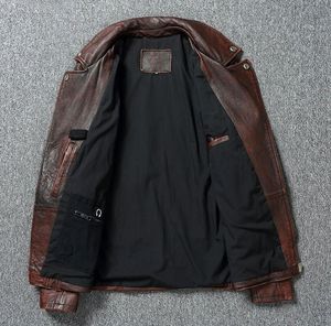 แจ็กเก็ตหนังแท้กระดุมสองแถวสำหรับผู้ชายสไตล์ใหม่พร้อมปกซิปเสื้อโค้ทหนังแท้สีดำแดงน้ำตาล - Product Image 4