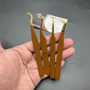 Pinces à épiler pour extensions de cils en acier inoxydable japonais durable ASB Instruments, couleur or brun, pointes en fibre pour volume de cils, crochet - Product Image 6