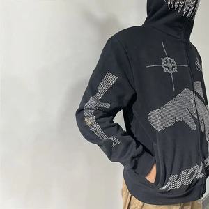 New Arrival Custom Design Rhinestone Full <b>Face</b> Zip Hoodie For Men Heavy Weight Full Zip Up Hoodie Rhinestone - Product Image 6
