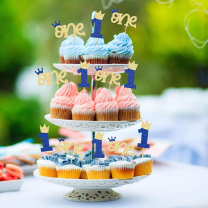 Sparkling First Birthday Cupcake Toppers 24 Pack Blue & Gold Crown One Picks pour bébé garçon 1er anniversaire Party Decor - Product Image 6