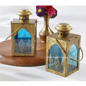 Ramadan & Eid Festival Home Lighting Decor Candle <b>Lantern</b> Gold Finished Colorful Glass Metal Hanging <b>Lantern</b> - Product Image 1