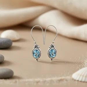 Boucles d'oreilles pendantes vintage tendance pour femme en argent 925, topaze bleue, diamant, bijoux en argent avec pierres précieuses, fleur dorée classique pour mariage - Product Image 2