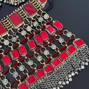 : Authentic Afghan Guluband Choker Necklace Featuring Deep Red Ruby <b>Glass</b> Stones Handcrafted Silver Metal <b>Chains</b> Traditional - Product Image 3
