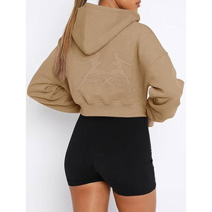 Casual Zipper Crop <b>Top</b> Hoodie With Adjustable Hood And Relaxed Streetwear Style Soft Zipper Crop <b>Top</b> Hoodie - Product Image 4