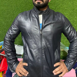 Genuine Leather <b>Jacket</b> with Woven Logo Zipper Closure Solid Pattern for Spring or Winter Season - Product Image 1