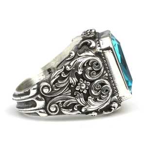 925 Sterling <b>Silver</b> Rectangular Men's <b>Ring</b> Blue Aquamarine <b>Emerald</b> Cut Turquoise IGI Certified Fine Jewelry for Everyday Wear - Product Image 4