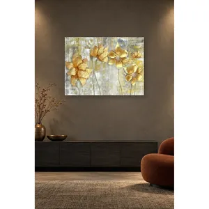 Fida Fleurs dorées sur fond texturé gris Impression sur toile - Product Image 2