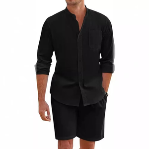 Dernier modèle 2025 Ensemble deux pièces décontracté vêtements de plage pour hommes Ensemble confortable avec chemise boutonnée à manches longues - Product Image 4