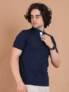 Camiseta de media manga elegante azul marino para hombre con cuello mandarín cómoda y versátil para ocasiones informales semiformales 100% algodón - Product Image 5