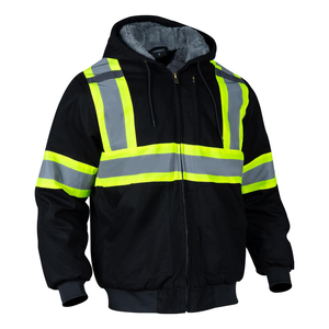 High Visibility Safety <b>Jacket</b> Hooded Winter Workwear Reflective Striped <b>Zip</b> <b>Up</b> <b>Jacket</b> Custom Logo Industrial Use - Product Image 1