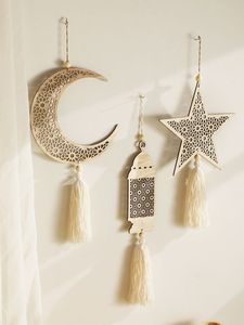 Golden Crescent Moon <b>Lantern</b> And Star Hanging Decor Set For Ramadan And Eid Wall Styling - Product Image 4