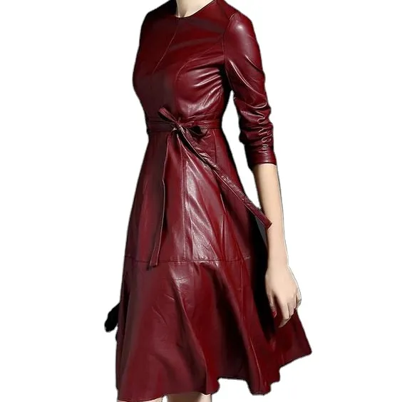 فستان جلد طبيعي للنساء, فستان من الجلد الطبيعي للنساء ، تنورة طويلة بأكمام منفوشة فرنسية شتوية 2021 مع حزام بصف واحد من الأزرار