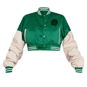 Wholesale Winter Custom Satin <b>Raw</b> Breathable Embroidery Bomber Jacket for Women Shiny Cropped Top Nylon - Product Image 4