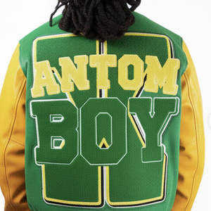 Veste universitaire verte et jaune pour homme, streetwear, veste de baseball vintage, blouson bomber, corps en laine, cuir véritable - Product Image 5