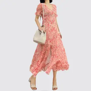 Custom High Quality Noble Retro Luxury Printed Long Sleeve Silk Dress For Elegant Women