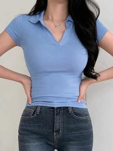 Camiseta Polo de Mujer de Material Suave, Cómoda, de Manga Larga, Cuello en V, con Botones, para Mujer - Product Image 2