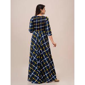 Robe longue évasée smockée à imprimé à carreaux jaunes, taille élastique, respirante, avec fermeture éclair et décoration drapée, pour femme de bureau, OEM/ODM - Product Image 2
