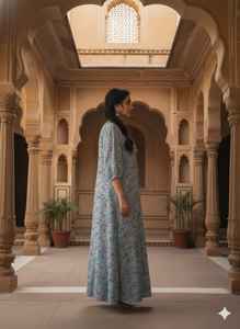 Robe longue à manches longues à imprimé floral bleu clair, en coton, style bohème, robe de détente, robe décontractée d'été pour femmes, style confortable - Product Image 3