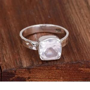 925 Sterling Silver Natural Rose Quartz <b>Ring</b> <b>Cushion</b> Gemstone Hammered Statement Anniversary Gift for Her Fashion <b>Rings</b> - Product Image 1
