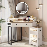 Coiffeuse OEM avec miroir et éclairage, ensemble de coiffeuse de maquillage avec station de charge pour chambre à coucher, table de coiffeuse en verre avec tiroirs et étagères