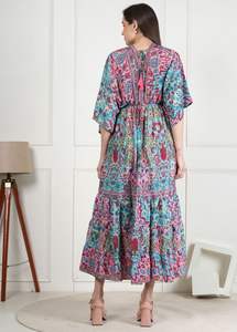 High Quality Indian Vintage <b>Long</b> Summer <b>Silk</b> Maxi <b>Dress</b> with Floral Print Breathable and Soft Casual Boho Women Beach Wear <b>Dress</b> - Product Image 3