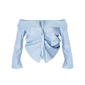 Camisa ajustada a rayas Bardot azul de alta calidad elegancia personalizada manga larga Casual/Party Back Logo-Tallas grandes verano primavera - Product Image 5
