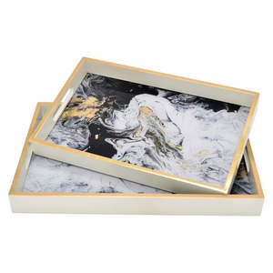 Nouveau plateau Design abstrait plateau en verre plateau de service couleur bord doré avec poignées verre aspect luxe - Product Image 1