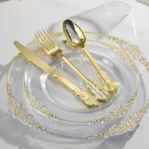 Juego de 50 Platos Desechables de Plástico Blanco con Borde Dorado para Bodas, Cumpleaños, Postres, Ensaladas, Platos de Cena de Plástico Duro - Product Image 3
