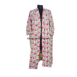 Chaqueta Kimono Kantha Acolchada Tejida a Mano, Bata Larga de Algodón Orgánico Indio, Diseño Floral, Transpirable, para Primavera y Otoño - Product Image 5